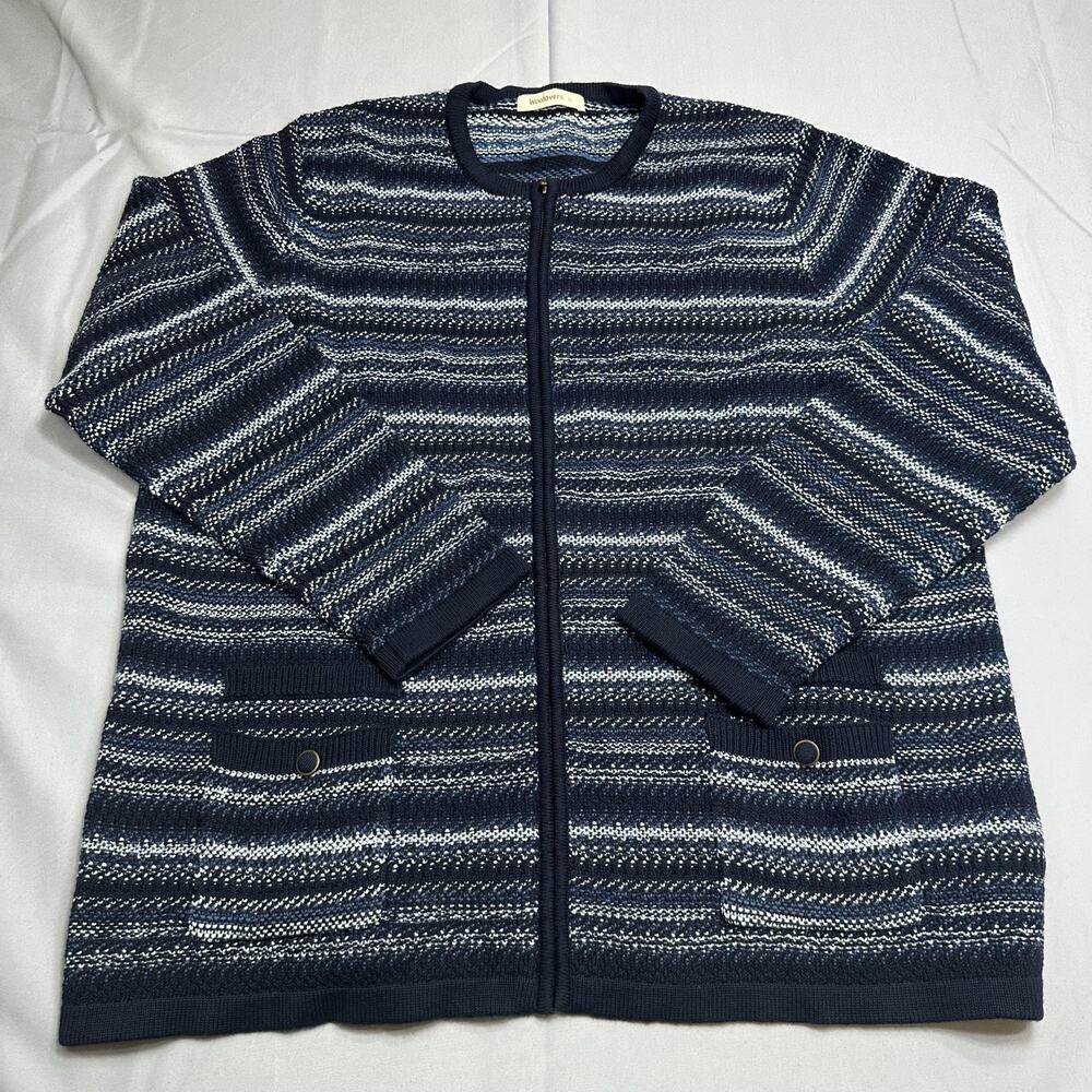 Woolovers Sweater Womens XL 16 Blue Striped Organic Cotton Cardigan Full Zip